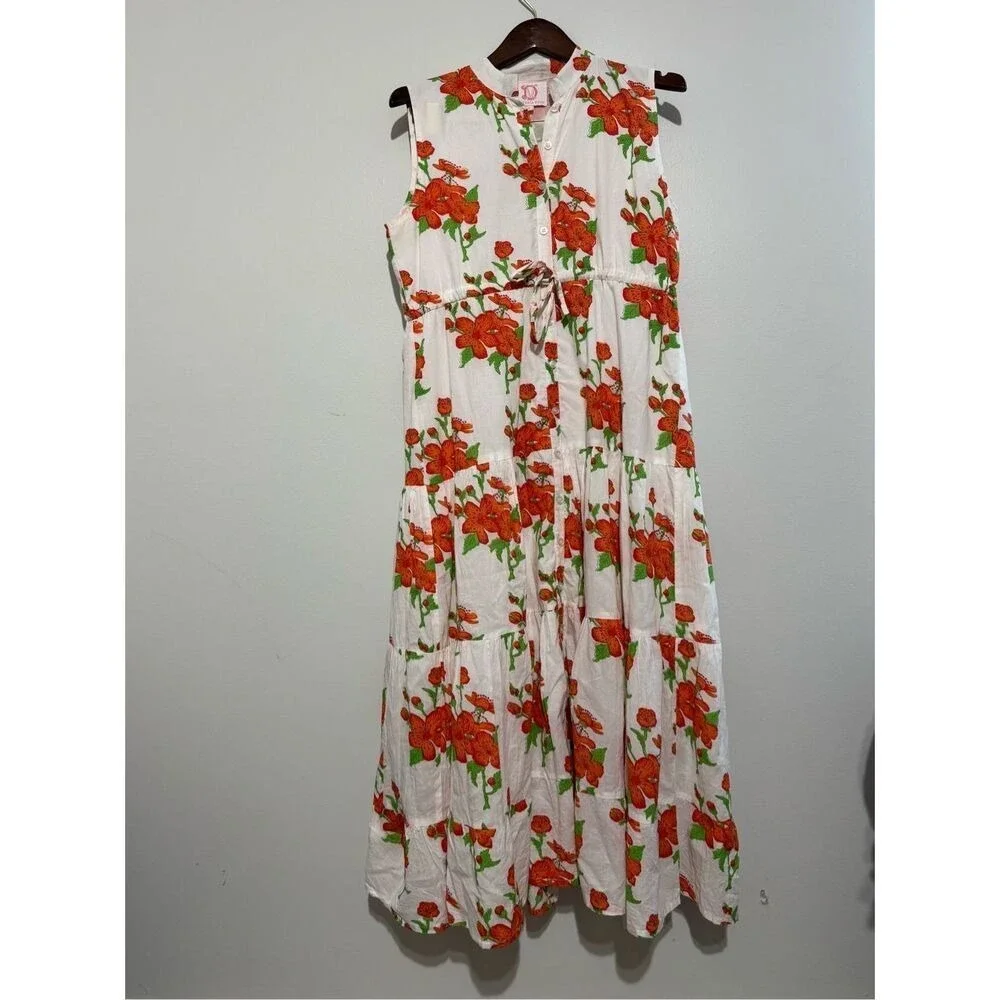 Victoria‎ Dunn White Orange Floral Tiered Maxi Dress Mandarin Collar Medium